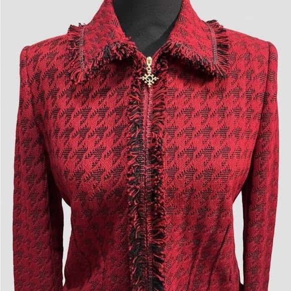 St. John Collection Jackets & Blazers - St John Collection Red Black Houndstooth Zip Jacket Blazer Old Money Elegant 4